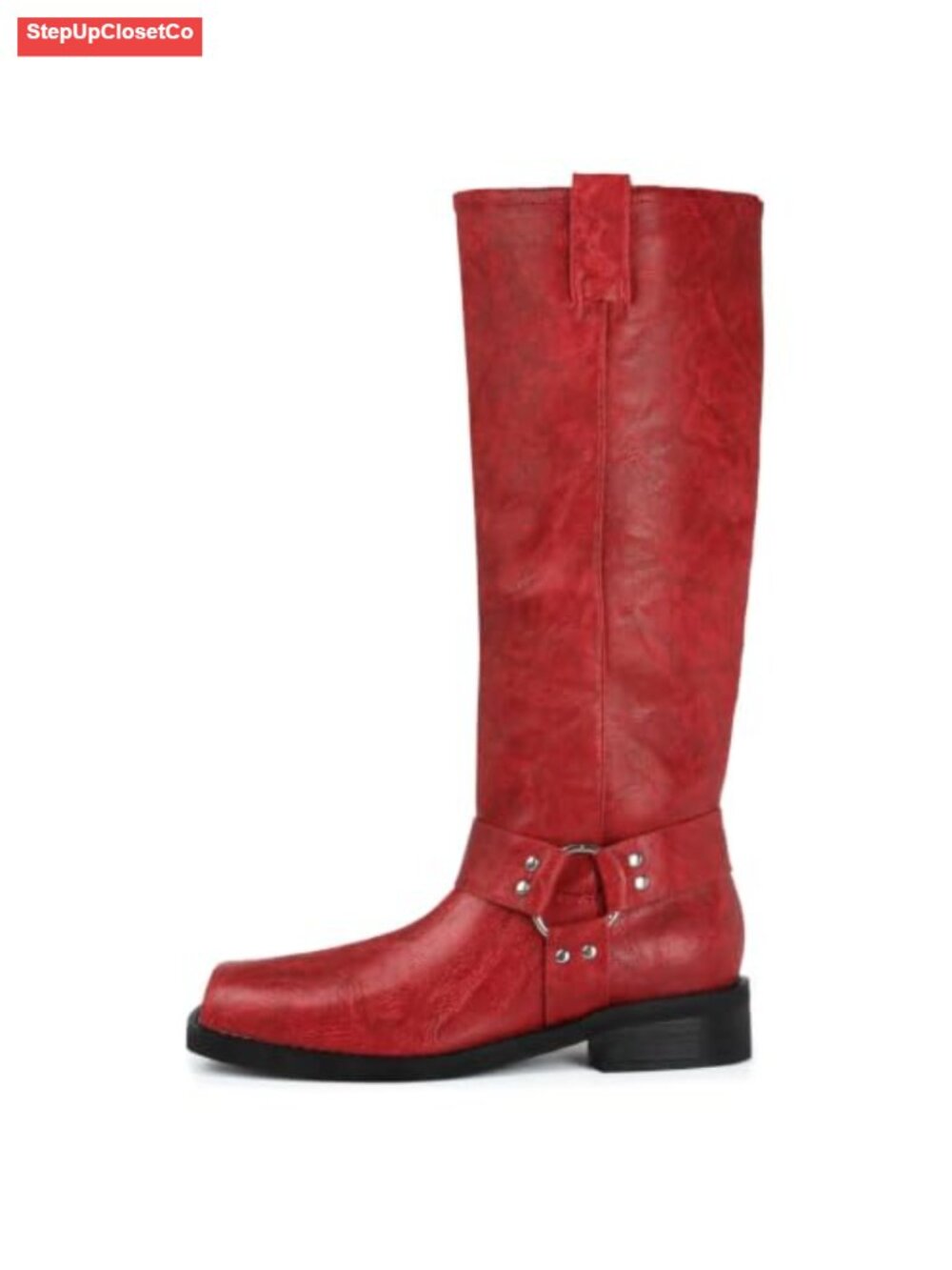 Square Toe Knee High Boots Low Heel Buckle Pull-On Motorcycle Biker Riding Wide